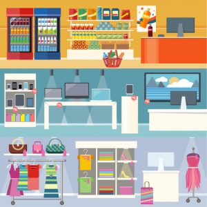 Interiors stores clothes, technology and food. Smartphone and clothing, grocery market, retail and supermarket, business and shopping, consumerism shop illustration. Supermarket interior. Retail store