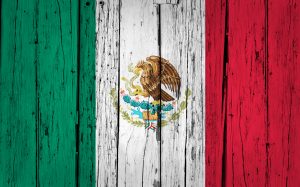 Mexico grunge wood background with Mexican flag painted on aged wooden wall, backdrop for creative design.